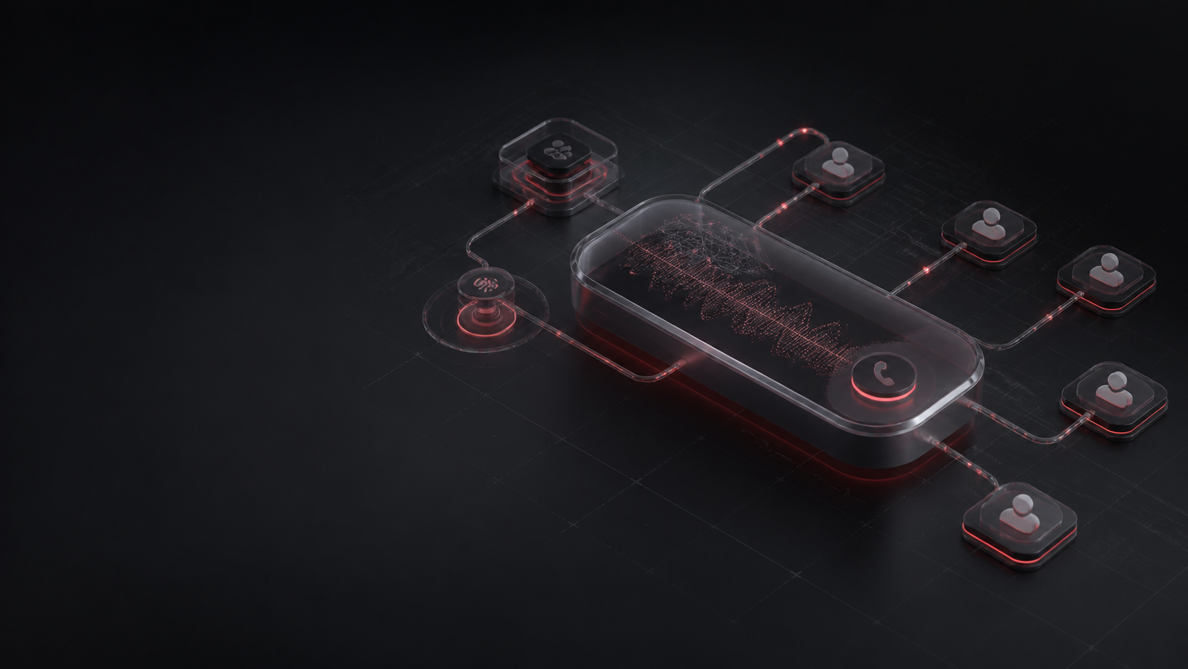 A dark communications device routing one conversation to connected contacts.