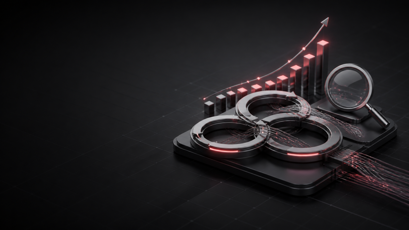 Growth loops, a search lens, and upward performance signals in a dark technical scene.