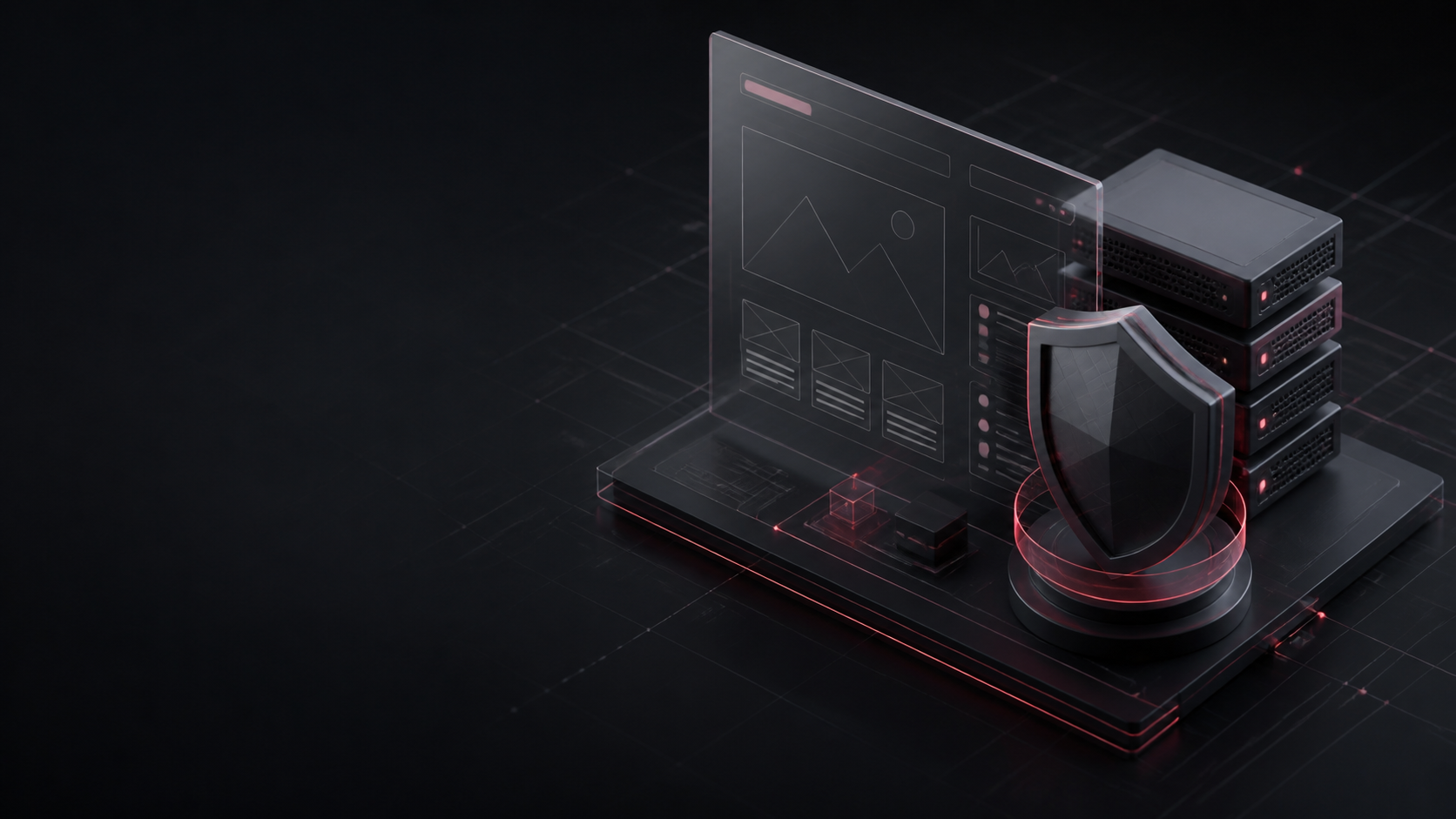 An abstract website blueprint, servers, and security shield in a dark technical scene.