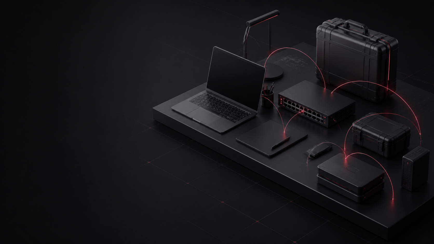 A ready-to-work office kit with a laptop, network switch, and secured equipment.