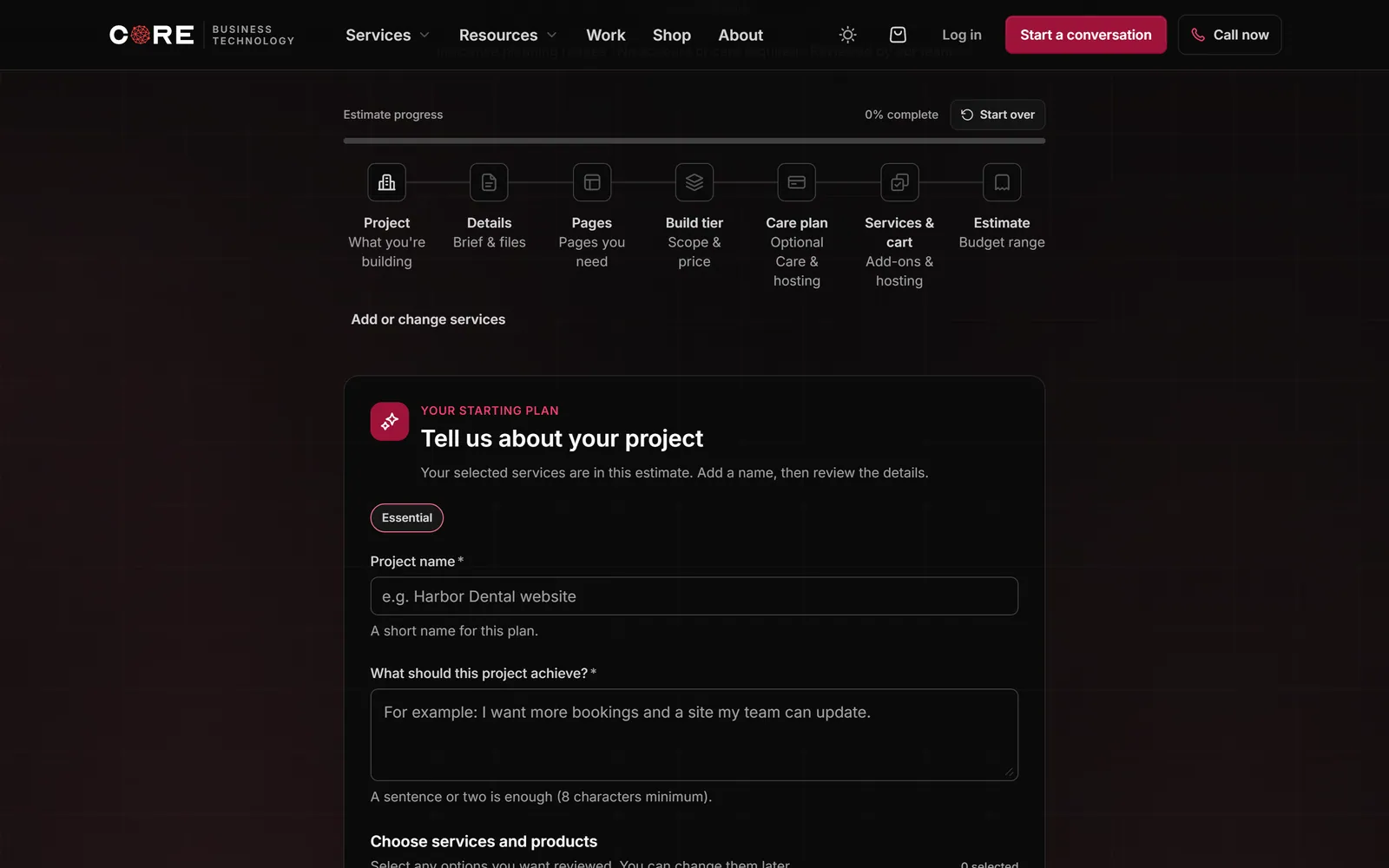 Desktop view of the CORE planning estimate builder.