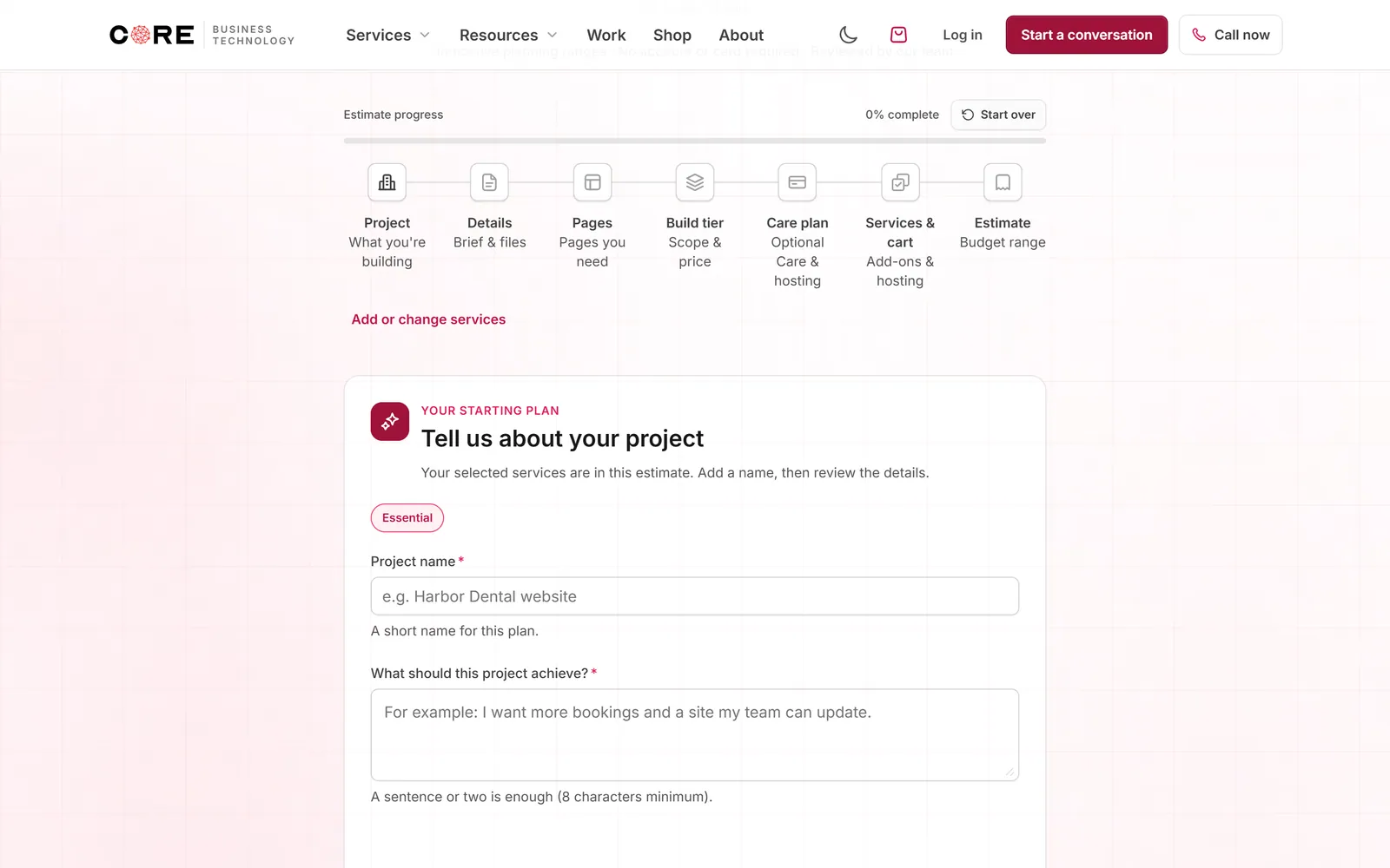 Desktop view of the CORE planning estimate builder.