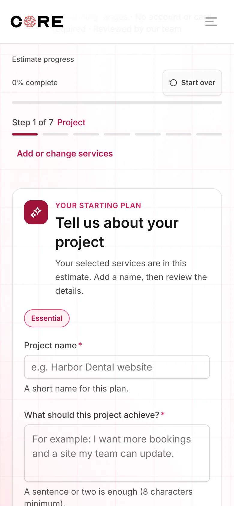 Mobile view of the CORE planning estimate builder.