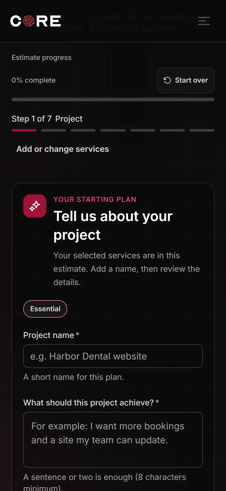 Mobile view of the CORE planning estimate builder.