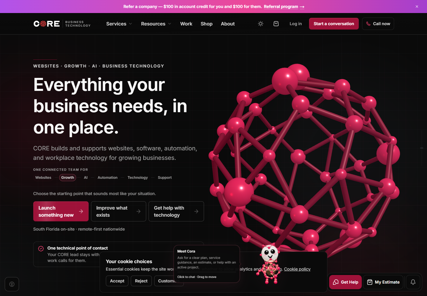 CORE’s live dark red homepage captured on October 4, 2026.