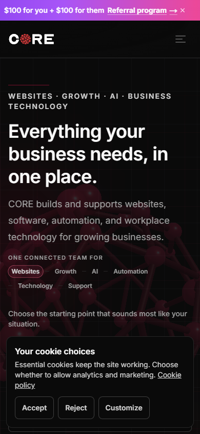 CORE’s live mobile homepage captured on October 4, 2026, including first-visit controls.