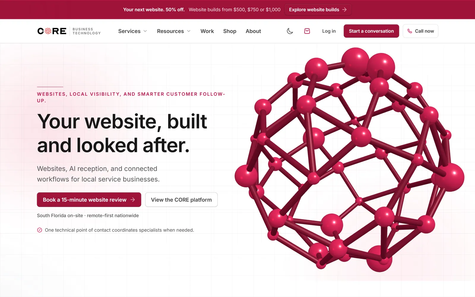 CORE’s dark red homepage on desktop, captured October 20, 2026.