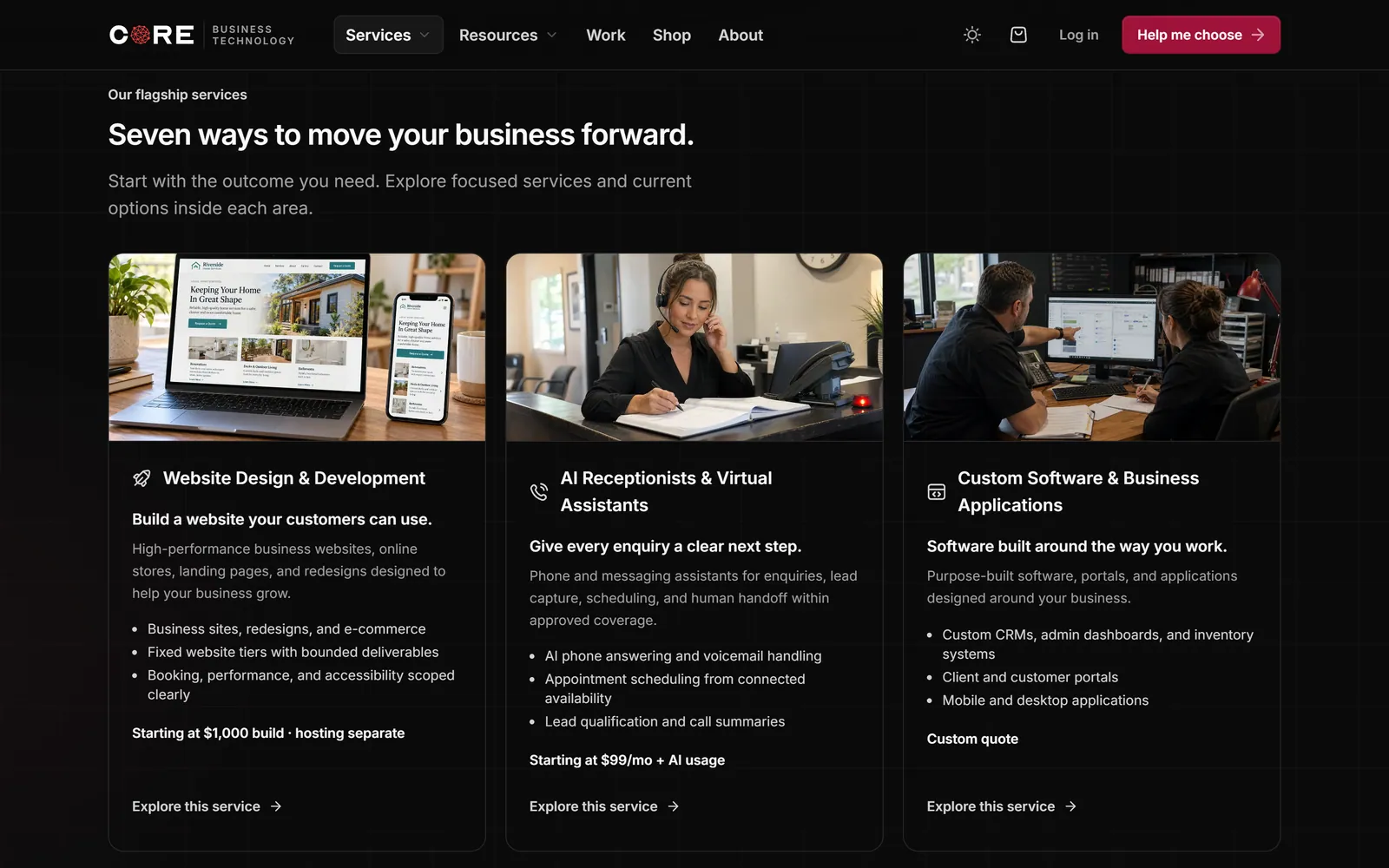 Desktop view of CORE's service hub showing the flagship service cards.