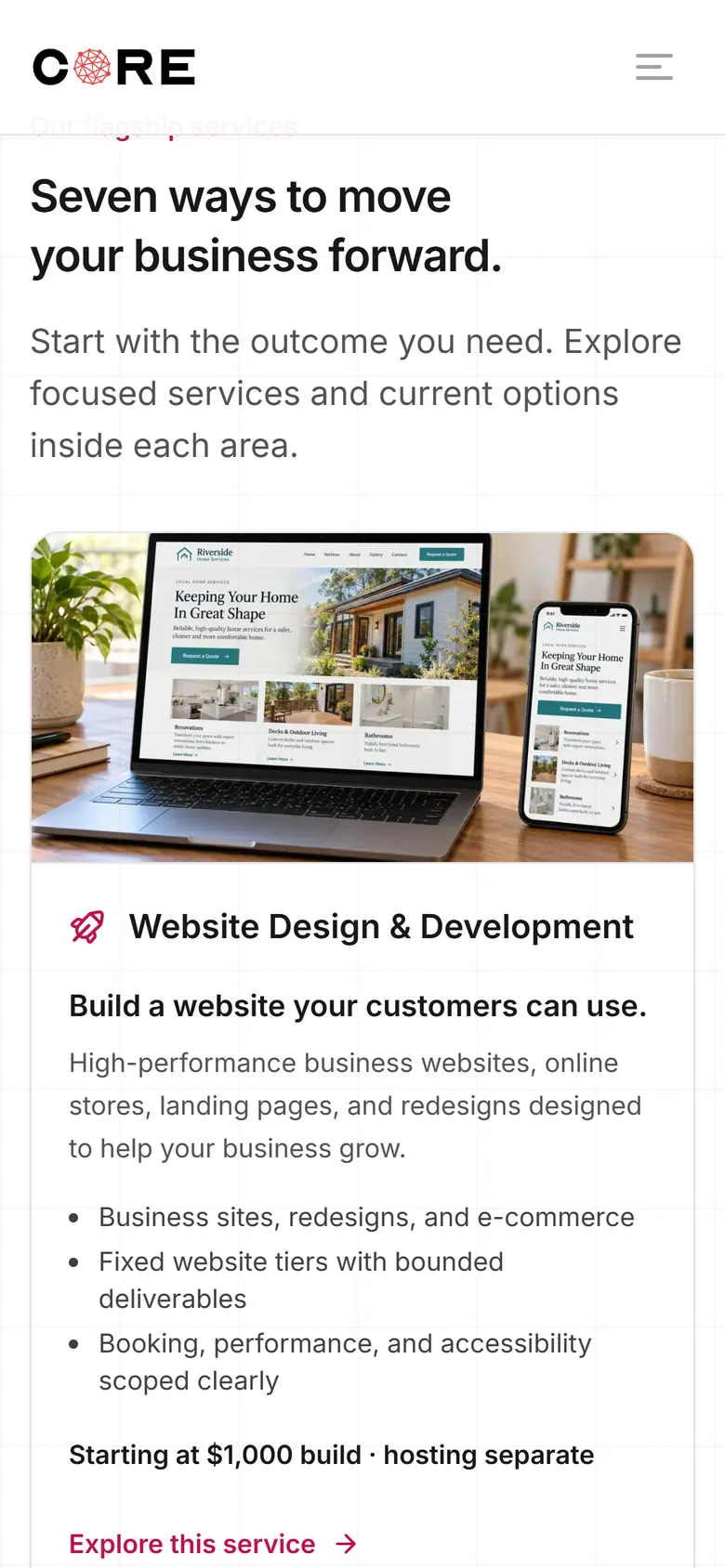 Mobile view of CORE's service hub showing the first flagship service card.