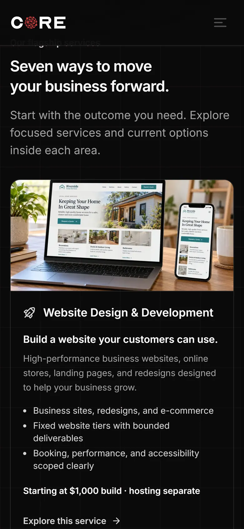 Mobile view of CORE's service hub showing the first flagship service card.