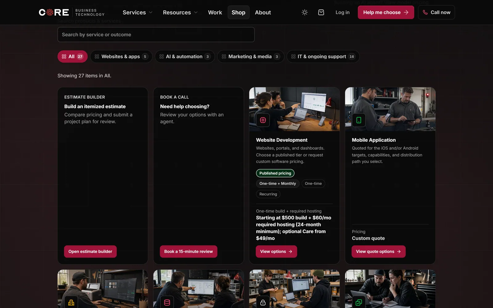 Desktop view of CORE's published product and service catalog.