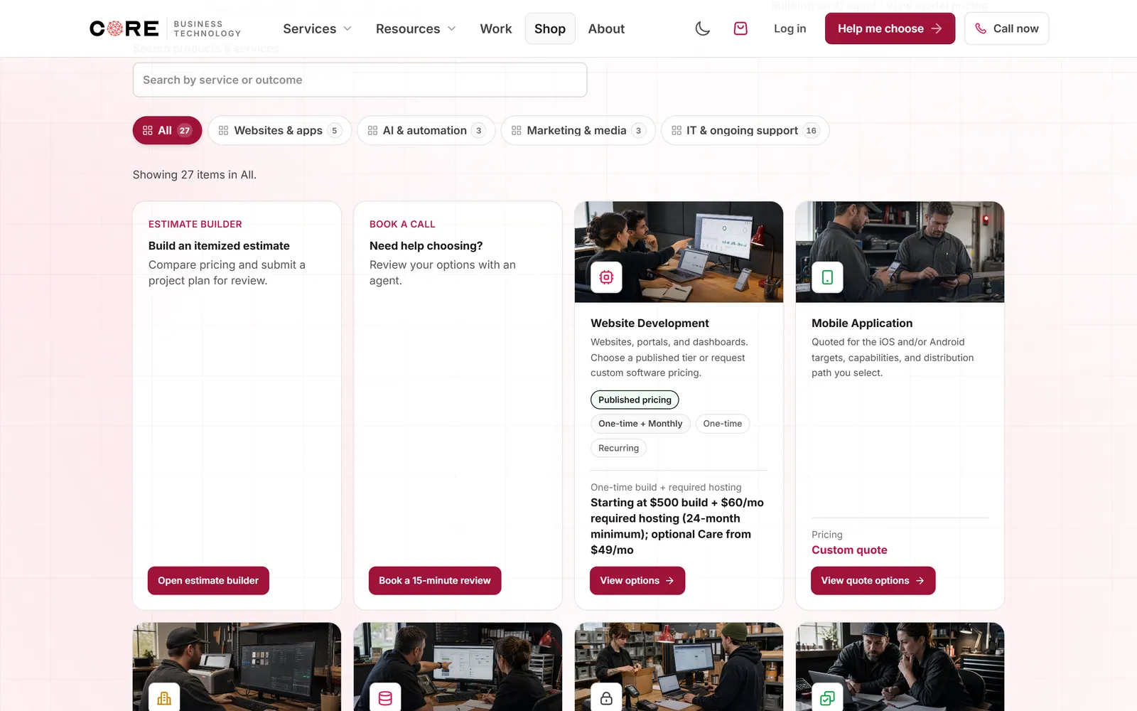 Desktop view of CORE's published product and service catalog.