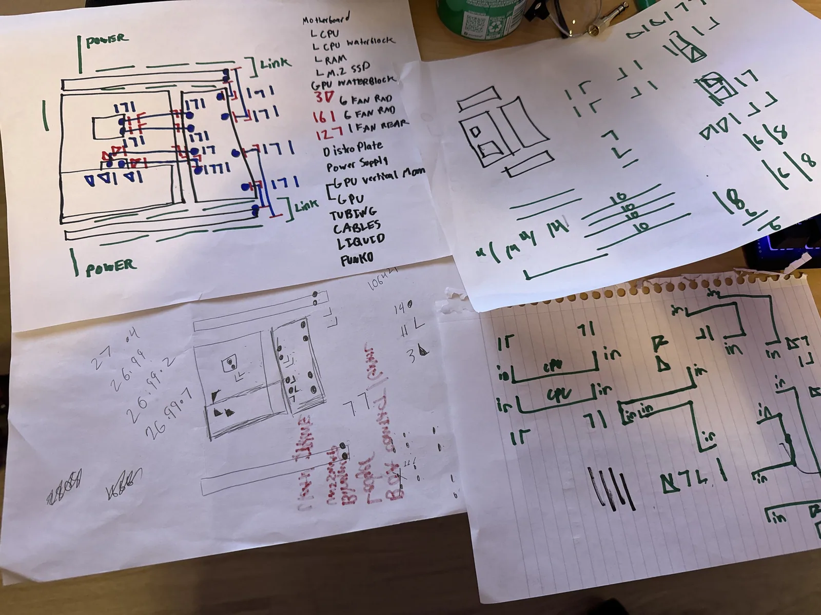 Hand-drawn cooling-loop and component plans for a CORE desktop build